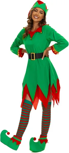 Vista 3 de Higen Disfraz de elfo para mujer, juego completo de 5 piezas, traje verde élfico de Navidad, traje divertido para adultos, vacaciones, fiesta