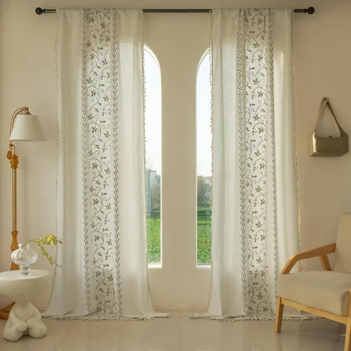 Vista 10 de BHUSB Cortinas rústicas para sala de estar de 63 pulgadas de largo, cortinas de ventana de lino y algodón con estampado floral bohemio, cortinas
