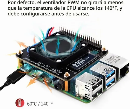 Vista 4 de GeeekPi Sombrero de ventilador para Raspberry Pi 4 Modelo B, PWM Fan GPIO Placa de expansión con pantalla OLED de 0.91 pulgadas para Raspberry Pi