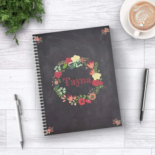 Vista 5 de Cuaderno personalizado de corona floral de tapa dura, acabado mate satinado, 120 páginas del papel seleccionado, coloque espiral plana de alambre.