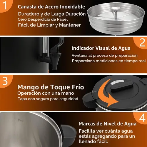 Vista 5 de Urna de café comercial de 30 tazas 6L, Cafetera de percolado de doble pared de 750W de Festa Essential, urna de agua caliente de acero inoxidable