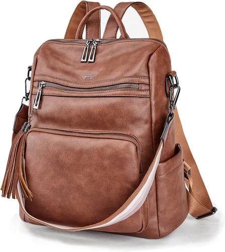 Vista 18 de OPAGE - Mochila de cuero para mujer, con borla de moda, bolso de hombro, mochila grande, bolsa de viaje, gris, L