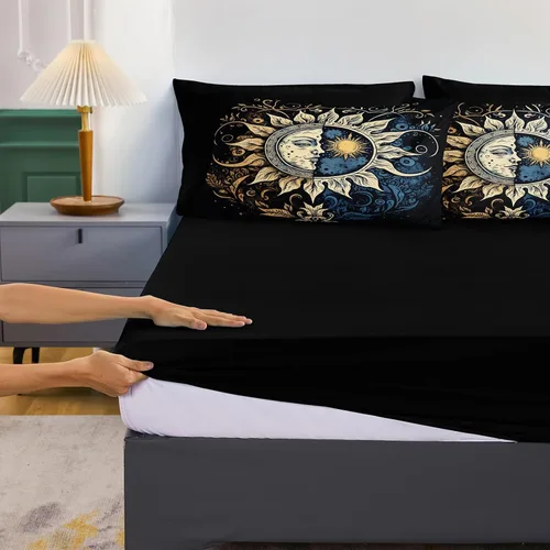 Vista 9 de Juego de edredón de sol y luna negro, juego de ropa de cama boho, ropa de cama de galaxia celestial y espacio estrellado, edredón mandala exótico