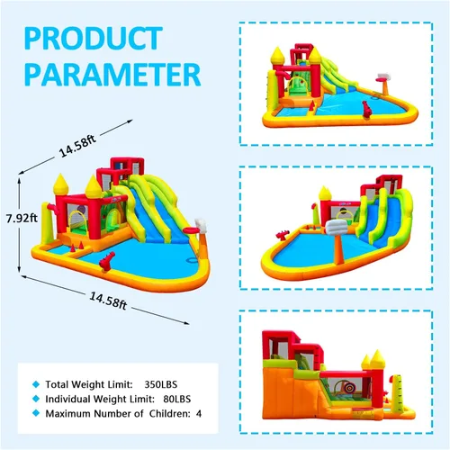 Vista 5 de MIRUNAIR Casa inflable de rebote con toboganes, tobogán acuático inflable para niños en el patio trasero, parque acuático de rebote con soplador