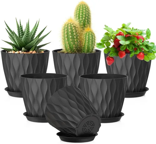 Vista 20 de Meowell Macetas pequeñas de plástico de 4 pulgadas, macetas de plántulas, juego de 5 macetas de ondas de agua para plantas de interior, macetas