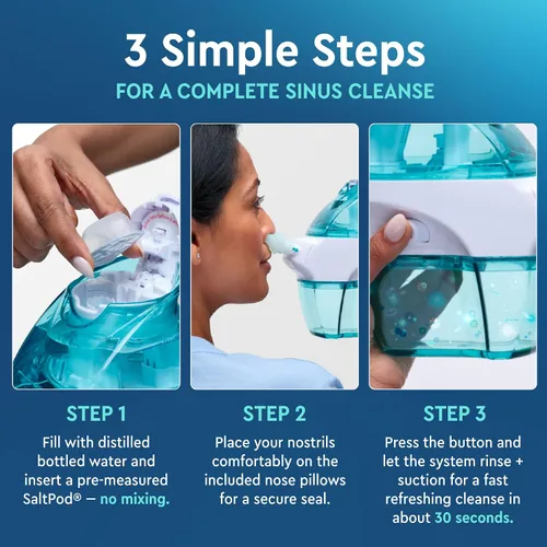 Vista 3 de Navage Paquete Multiusuario - Sistema de Irrigación Navage - Kit de Enjuague Nasal Salino con 1 Limpiador Nasal, 30 Cápsulas de Sal, y Base Nasal
