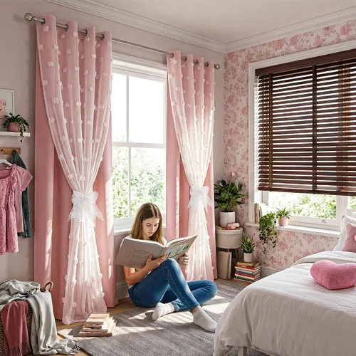 Vista 8 de RYB HOME Cortinas rosas con bonito pompón transparente superposición de 96