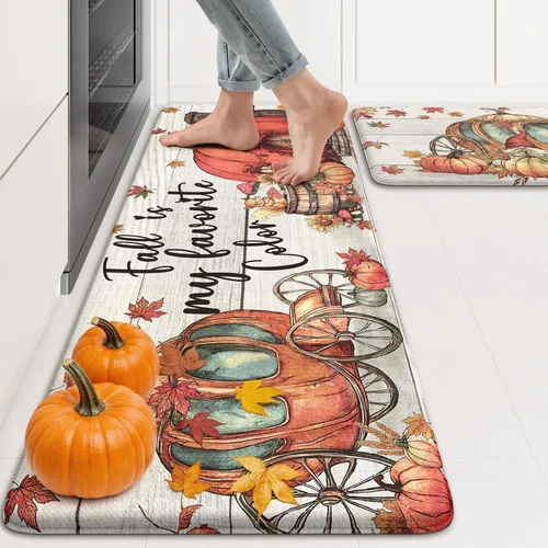 Vista 11 de KIMODE Tapetes Antifatiga para Piso de Cocina 17"x47"+17"x29", Juego de 2 Alfombras de Cocina a Cuadros Marrón y Blanco, Tapete de Cocina