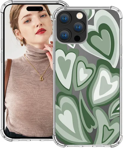 Vista 13 de Funda compatible con iPhone 15, diseño de kawaii, diseño femenino femenino para mujeres y niñas, diseño abstracto de corazón verde