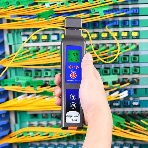 Vista 7 de ORIENTEK TFI-40 Identificador de fibra óptica Todo-en-uno Chuck Live con 10mw VFL 800nm-1700nm Detector de fibra Identificador de tráfico OFI