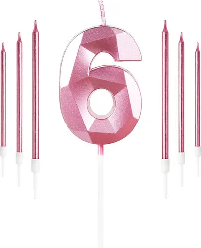 Vista 124 de Vela rosa de cumpleaños número 1 con 6 velas largas, decoraciones de decoración de pastel para fiesta de niña de 1 año, suministros de celebración