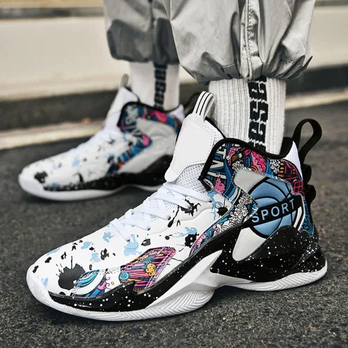 Vista 3 de MAUGELY Zapatillas de deporte de baloncesto para hombre, caña alta, para jóvenes, estudiantes, deportes, ocio, graffiti, zapatillas para correr