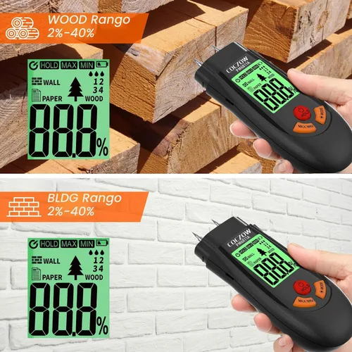 Vista 2 de Higrómetro para madera, con batería y pantalla LCD, adecuado para la determinación rápida del contenido de humedad de muchos tipos de troncos