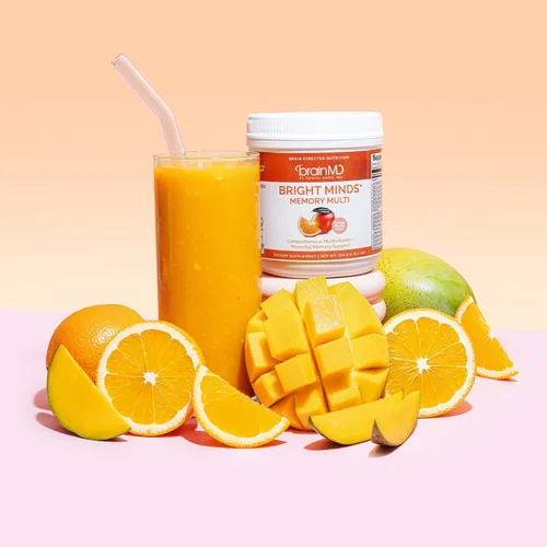 Vista 4 de BrainMD Dr Amen Bright Minds Memory Multi, sabor naranja y mango, polvo de 5.4 onzas, soporte multivitamínico y de memoria, sin gluten, sin azúcar