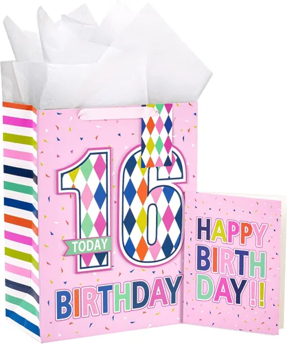 Vista 9 de Loveinside Bolsa de regalo de cumpleaños rosa con papel de seda, etiqueta de regalo y tarjeta de felicitación para niñas, fiestas y más, 10 x 5 x 13
