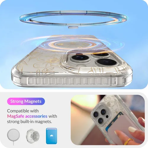 Vista 6 de LONLI Hue - para iPhone 15 Pro Max [Compatible con Magsafe] - Funda de teléfono floral dorada - [Amortiguador de 360°] - Funda de teléfono linda