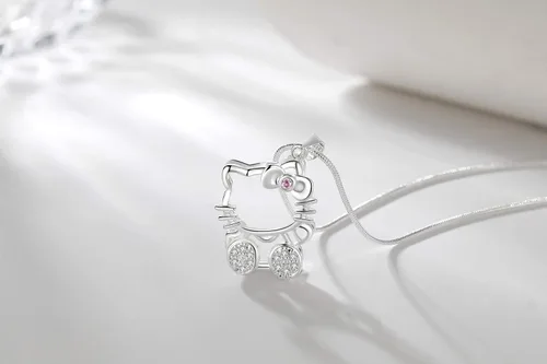 Vista 3 de UUONLY Collar de Hello Kitty collar de gato rosa chapado en plata regalo de cumpleaños para fanáticos de Hello Kitty regalos de Hello Kitty