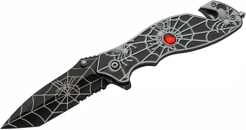 Vista 2 de SZCO Cuchillo plegable de tela de araña de 4.75 pulgadas, cuchillo de bolsillo EDC con mango de aluminio negro con incrustaciones rojas, hoja