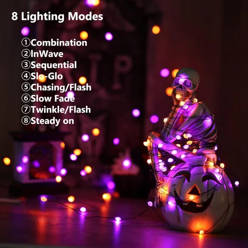 Vista 2 de iBaycon Paquete de 2 50 luces LED de Halloween a batería, 16.4 pies, funciona con pilas, luces de Halloween naranja y morado, impermeables, con 8