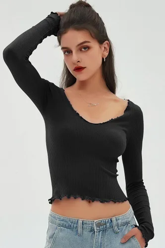 Vista 4 de CHYRII Camisetas básicas de manga larga para mujer, con volantes, corte bajo, básicas, para otoño