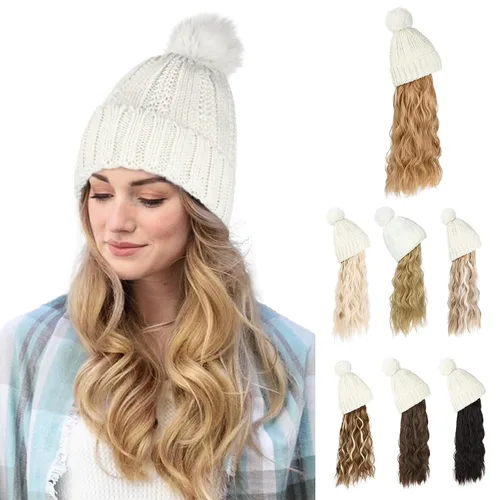 Vista 16 de Flufymooz Gorro con peluca, extensión de pelo con gorro de piel sintética con pompón largo ondulado rizado, peluca con gorro adjunto de 20 pulgadas
