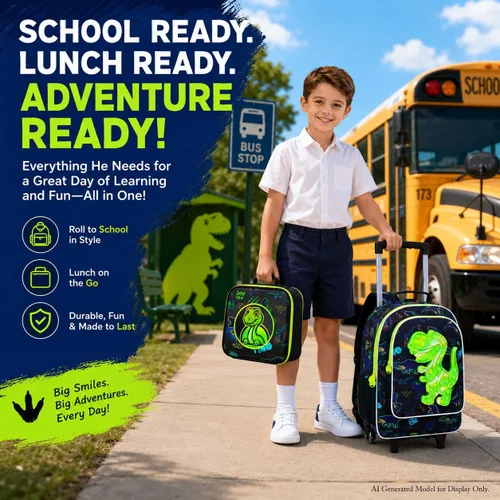 Vista 8 de WZLVO 4 mochilas con ruedas de dinosaurio para niños, juego escolar con ruedas geniales con lonchera, mochila escolar resistente al agua con ruedas