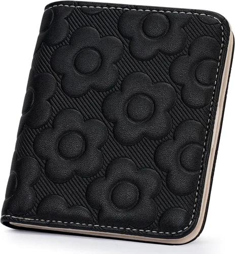 Vista 12 de Billetera para mujer, delgada y pequeña, billetera compacta con RFID, plegable, compacta, para mujer, cartera de cuero en relieve 3D con soporte