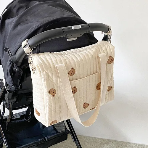 Vista 5 de Bolsa de pañales de algodón para bebé, bolsa de pañales de gran capacidad, bolsa de almacenamiento para cochecito de bebé, bolsa de almacenamiento