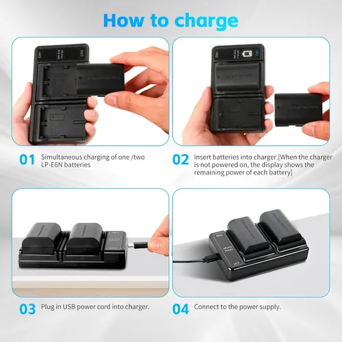 Vista 6 de Batería LP-E6 LP-E6N (paquete de 2) y cargador USB dual compatible con cámaras Canon EOS 5D Mark II III IV, 5DS, 5DS R, 6D, 6D Mark II, 7D, 7D Mark
