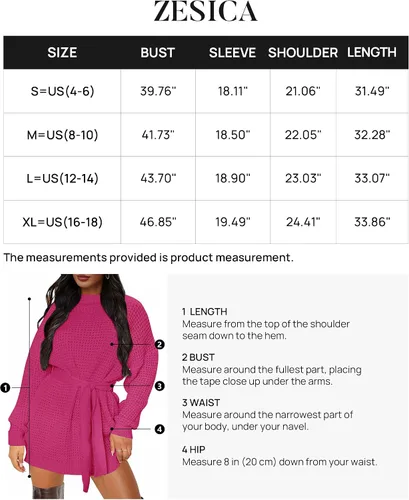 Vista 6 de ZESICA Women's 2023 Fall Long Sleeve Solid Color Waffle Knitted Tie Wasit Tunic Pullover Sweater Dress