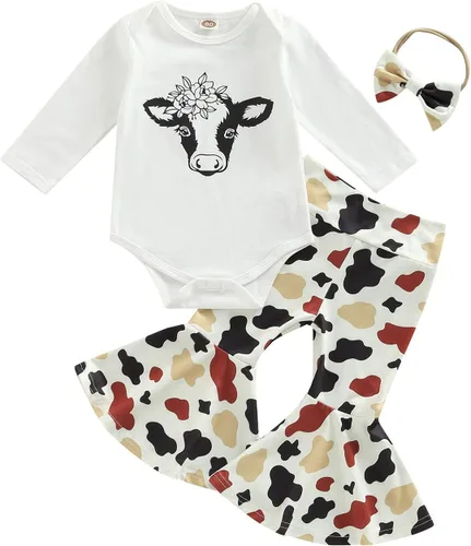 Vista 8 de Conjunto de ropa de bebé occidental para niñas, con estampado de vaca, pantalón y diadema