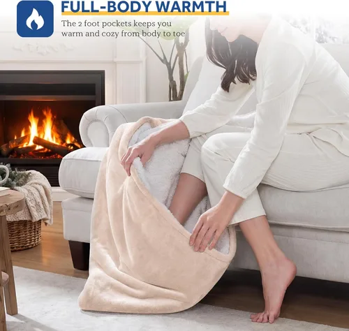 Vista 2 de Sealy - Manta eléctrica con bolsillo para los pies para adultos, manta térmica de franela y sherpa con 6 niveles de calefacción y apagado automático