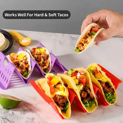 Vista 4 de Juego de 12 soportes para tacos, juego de servicio de barra de tacos para una fiesta, bandejas grandes para tacos, soporte para tacos duros