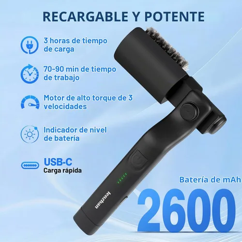 Vista 6 de Cepillo eléctrico inalámbrico para parrilla con ángulo ajustable, motor de potencia de 3 velocidades y cabezal de acero inoxidable, recargable Negro