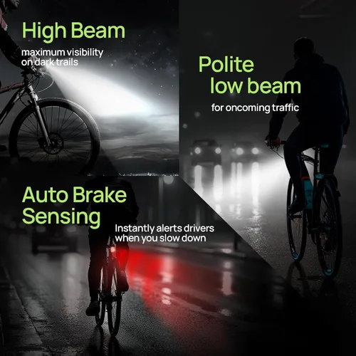 Vista 2 de Luces inteligentes para bicicleta delanteras y traseras, kit R15, recargable por USB C con detección automática de frenos, 500 lúmenes impermeable