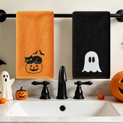 Vista 4 de Hexagram Toallas de mano de Halloween, toalla bordada, decoración de baño de Halloween Decoración de fantasma de gato, toallas negras, calabaza