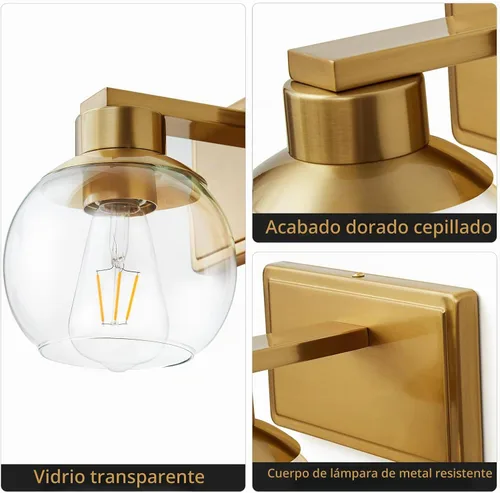 Vista 6 de Juego de 2 apliques de baño de latón cepillado, juego de dos apliques de pared dorados, lámpara de tocador de baño con pantalla de vidrio