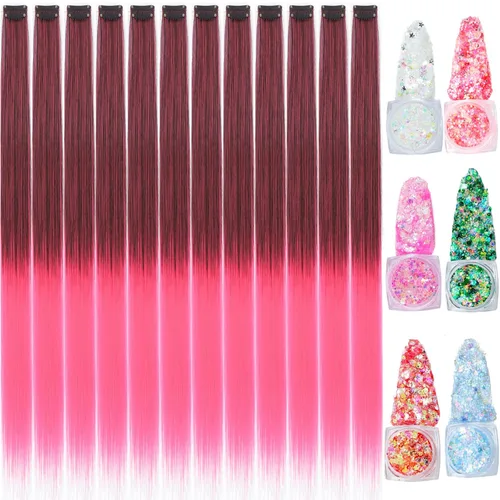 Vista 17 de Extensiones de cabello de colores, extensión de cabello liso con clip de 22 pulgadas, extensiones de cabello con brillantina multicolor arcoíris