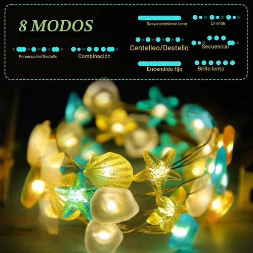 Vista 3 de Guirnalda de luces con temática oceánica, 30 luces LED de hadas de conchas
