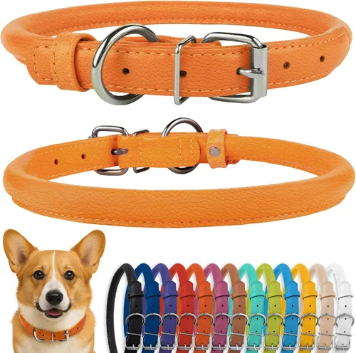 Vista 27 de CollarDirect - Collar de cuero enrollado para perro, collar redondo acolchado suave para cachorro, collar de cuero auténtico hecho a mano