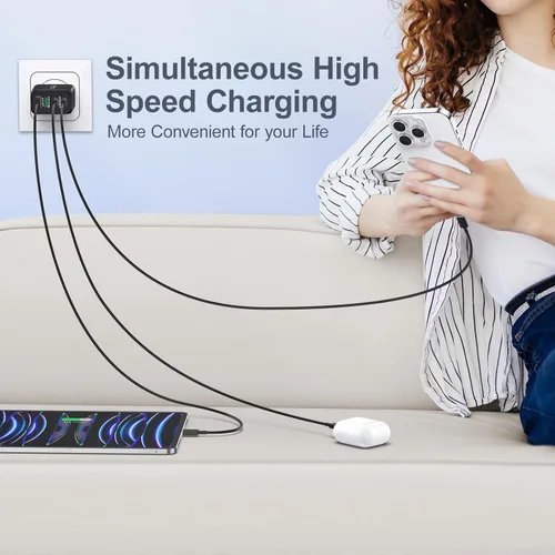 Vista 6 de Bloque de cargador USB, 40 W, 4 puertos, doble QC+PD3.0, bloque de carga rápida, adaptador de corriente USB C, enchufe de pared para iPhone