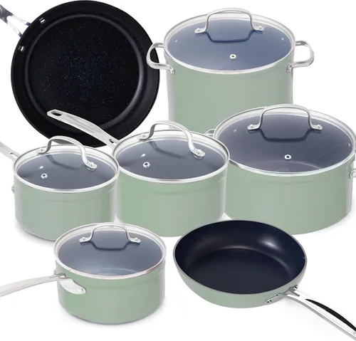 Vista 19 de Nuwave - Juego de 12 utensilios de cocina forjados y ligeros, revestimiento ultra antiadherente de cerámica Duralon G10 saludable, tapas de vidrio
