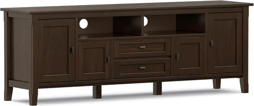 Vista 23 de SIMPLIHOME Warm Shaker - Soporte de TV de madera maciza de 72 pulgadas de Marrón rojizo
