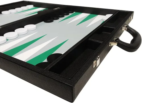 Vista 4 de Juego de Backgammon Premium de 19 pulgadas, tamaño grande, tablero negro, puntos blancos y verdes
