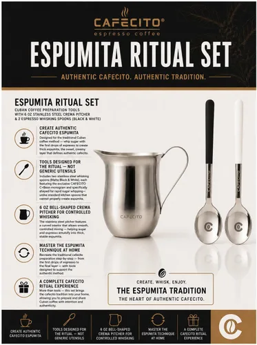 Vista 5 de CAFECITO® Espumita Ritual Set – Herramientas de preparación de café cubano con jarra de crema de acero inoxidable de 6 onzas y 2 cucharas para batir