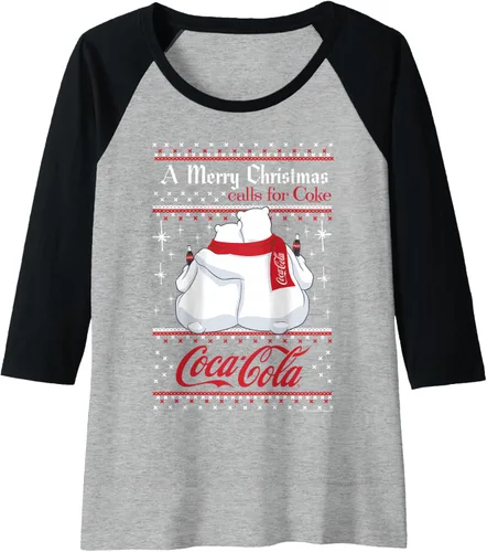 Vista 4 de Coca-Cola Camiseta de béisbol raglán Polar Bears A Merry Christmas Calls For Coca-Cola, Negro, S Jaspeado Negro/Atlético