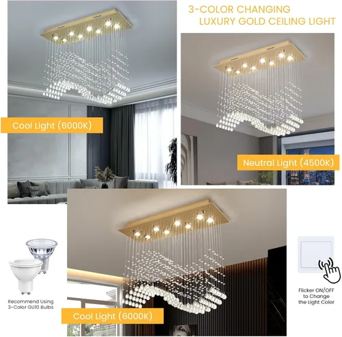 Vista 7 de Siljoy Candelabro de Cristal Rectangular Dorado para Comedor, 31.5'' Candelabro de Cristal Moderno con Gotas de Lluvia Onduladas, Lámpara Colgante