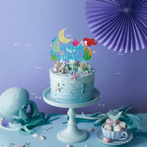 Vista 7 de Gyufise 1 pieza de decoración de pastel de sirena de feliz cumpleaños con purpurina de animales del océano, conchas marinas, cola de sirena