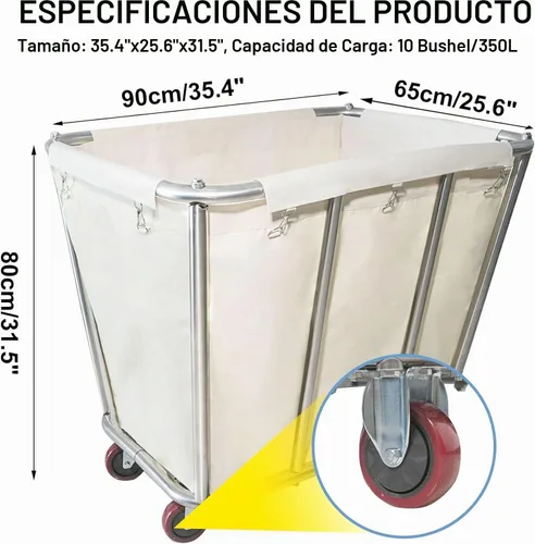 Vista 2 de Carrito de lavandería de 10 bushel con ruedas, resistente, industrial, para el hogar, color beige, grande, cesta de lavandería, cesta de servicio
