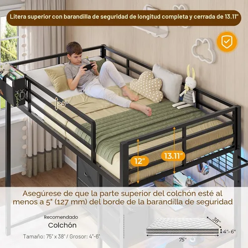 Vista 6 de DICTAC Cama alta individual con escritorio en forma de L y 7 cajones de almacenamiento, cama alta de metal tamaño individual para niños con luces